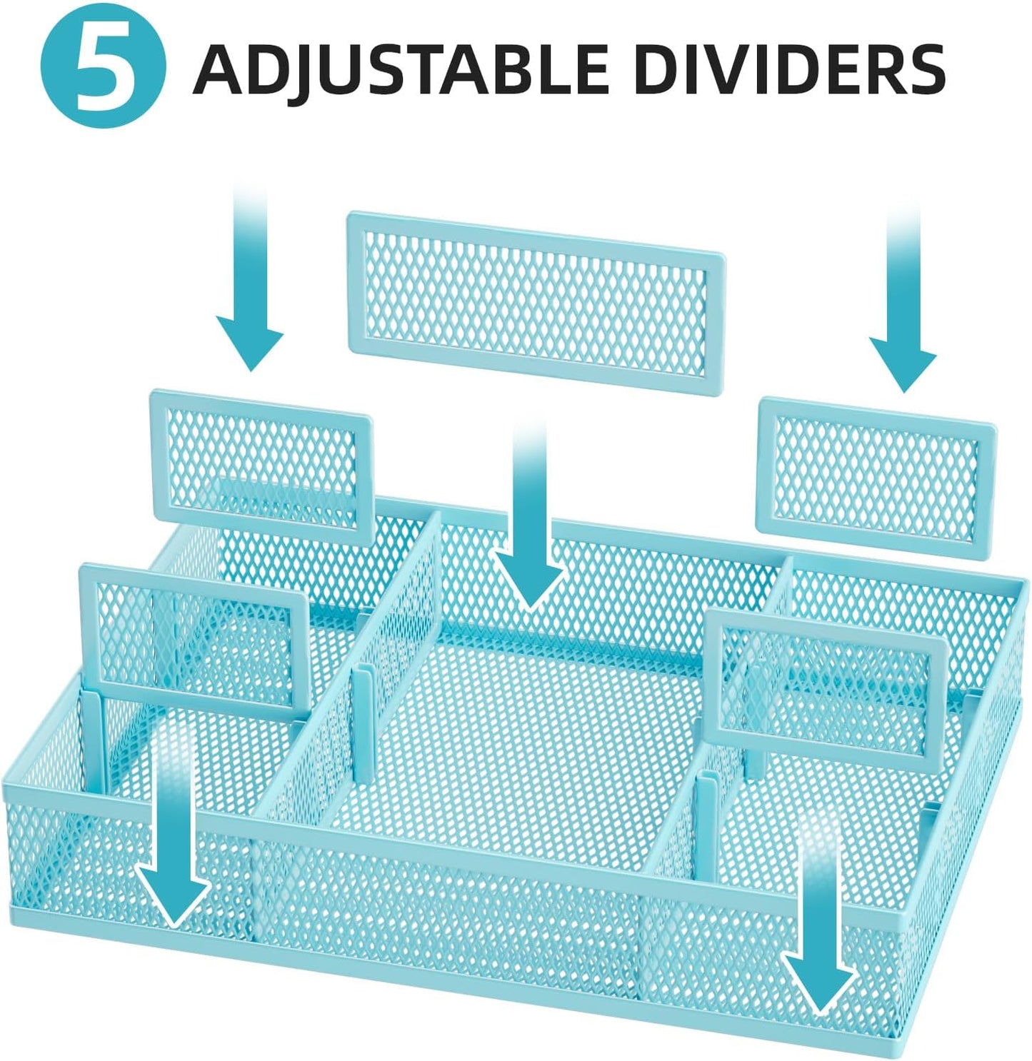 Marbrasse 2 Pack Desk Drawer Organizer, Mesh Drawer Organizer Tray with 8 Adjustable Compartments, Desk Organizers and Accessories, 5 Dividers Drawer for Office Supplies, Makeup & Vanity (Blue)