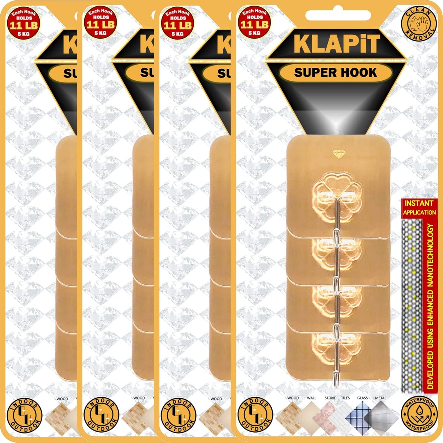 KLAPiT Super Hook - Heavy-Duty Adhesive Gold Wall Hooks, Holds Up to 11 lbs, Waterproof, No Damage, Easy Install on Tile, Wood, Stone, Glass & Metal - Made of Steel (Gold, 16pc)