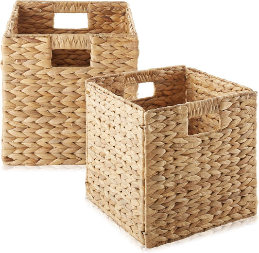 Casafield 10.5" x 10.5" Water Hyacinth Storage Baskets, Natural - Set of 2 Collapsible Cube Organizers, Woven Bins for Bathroom, Bedroom, Laundry, Pantry, Shelves