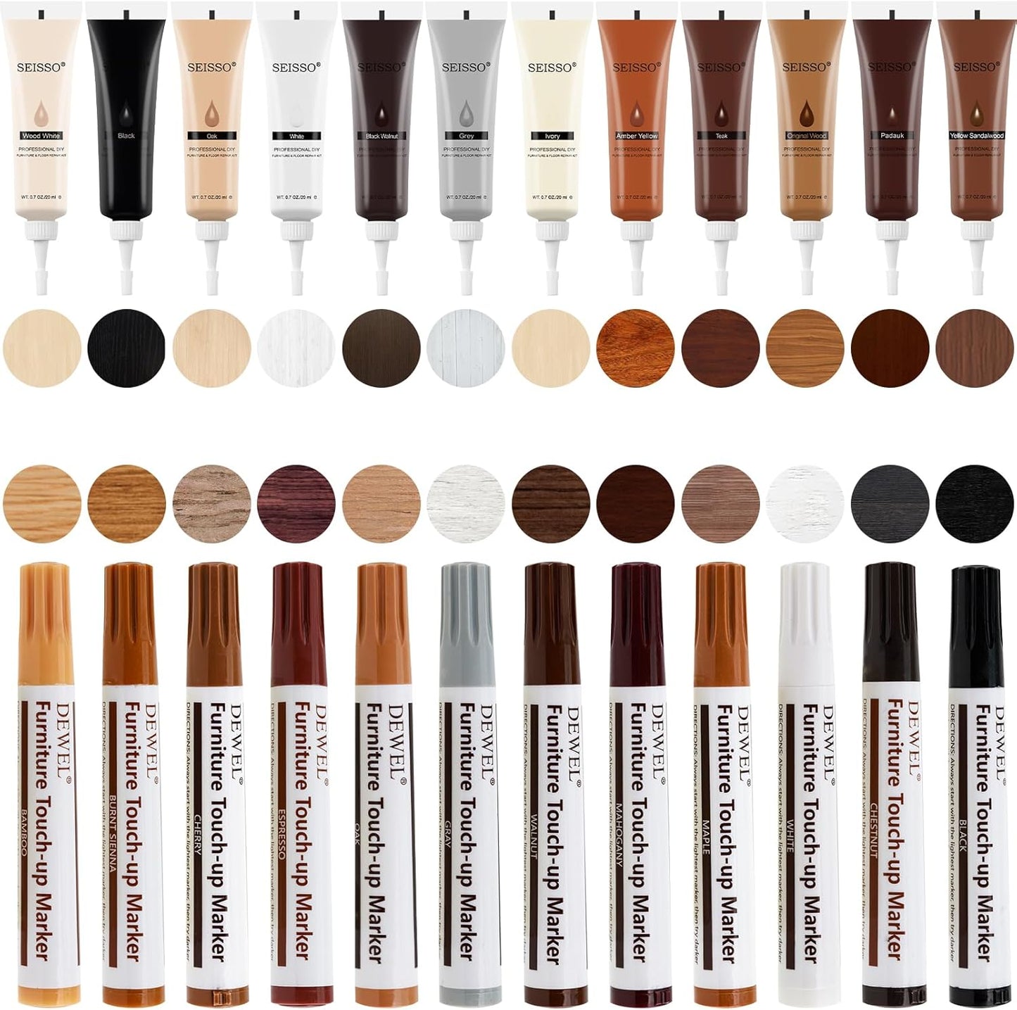 SEISSO Wood Furniture Repair Kit, Wood Filler and Touch Up Markers, Set of 28 Laminate Vinyl Floor Repair Kit for Scratches, Cracks, Holes, Discoloration for Door, Floor, Table, Cabinet