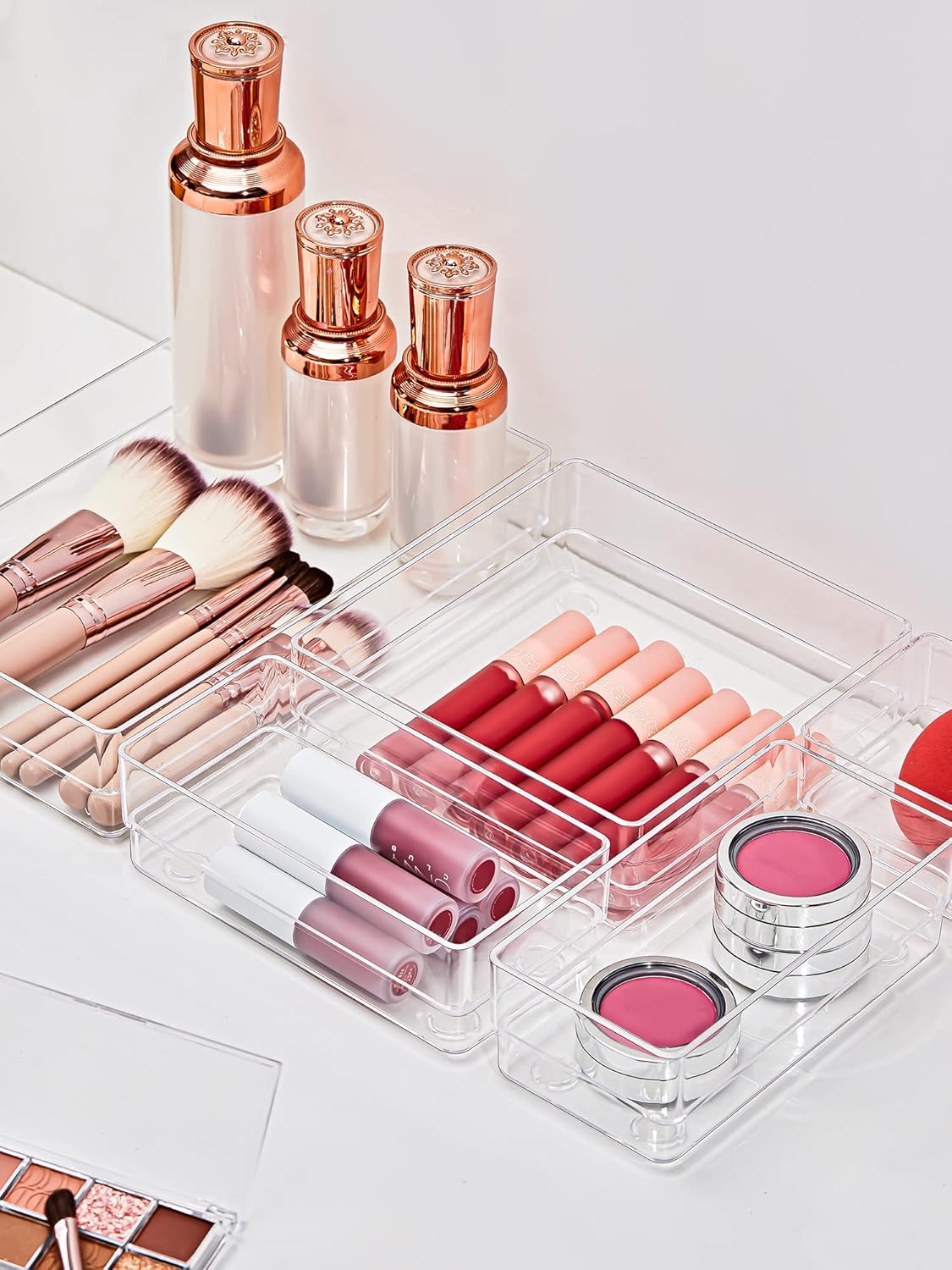 SMARTAKE 16-Piece Drawer Organizer with Non-Slip Silicone Pads, 5-Size Desk Storage Tray for Makeup, Jewelries, Utensils in Bedroom Dresser, Office and Kitchen, Clear