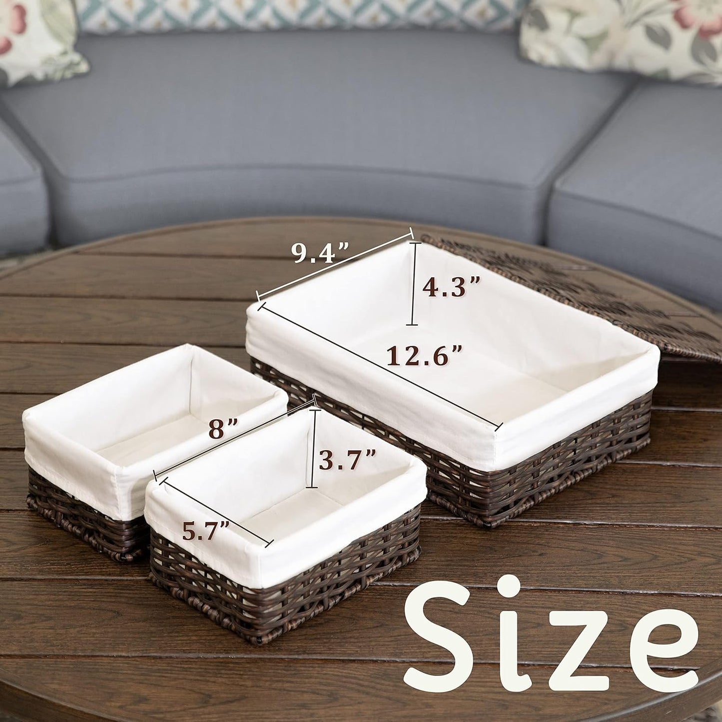 Baskets for Organizing, Undershelf Wicker Storage, Hand Woven Organizer for Closet Organization, Rectangular Resin with Lid, Set of 3, Walnut Brown