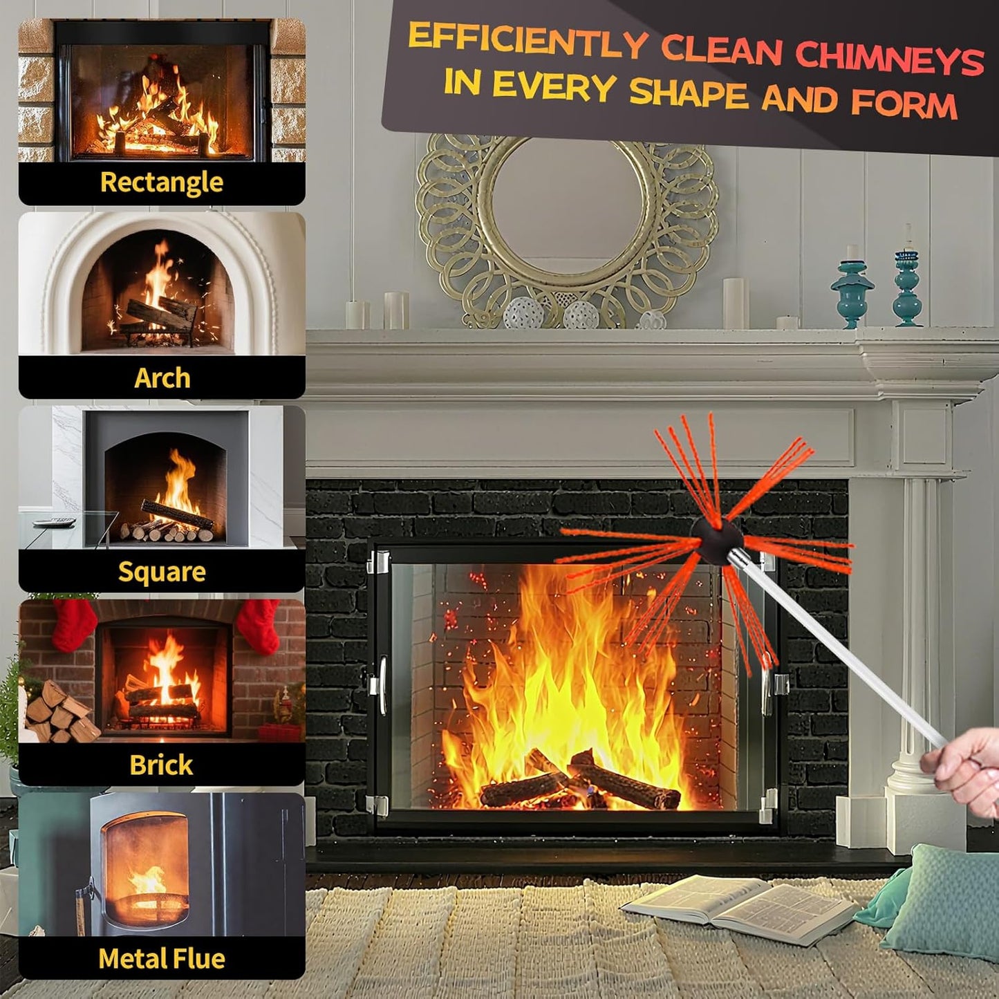 23 Feet Chimney Sweep Kit, Chimney Cleaning Kit with 7 Flexible White Chimney Rods, Chimney Brush, Rotary Chimney Cleaning System Driven by Drill