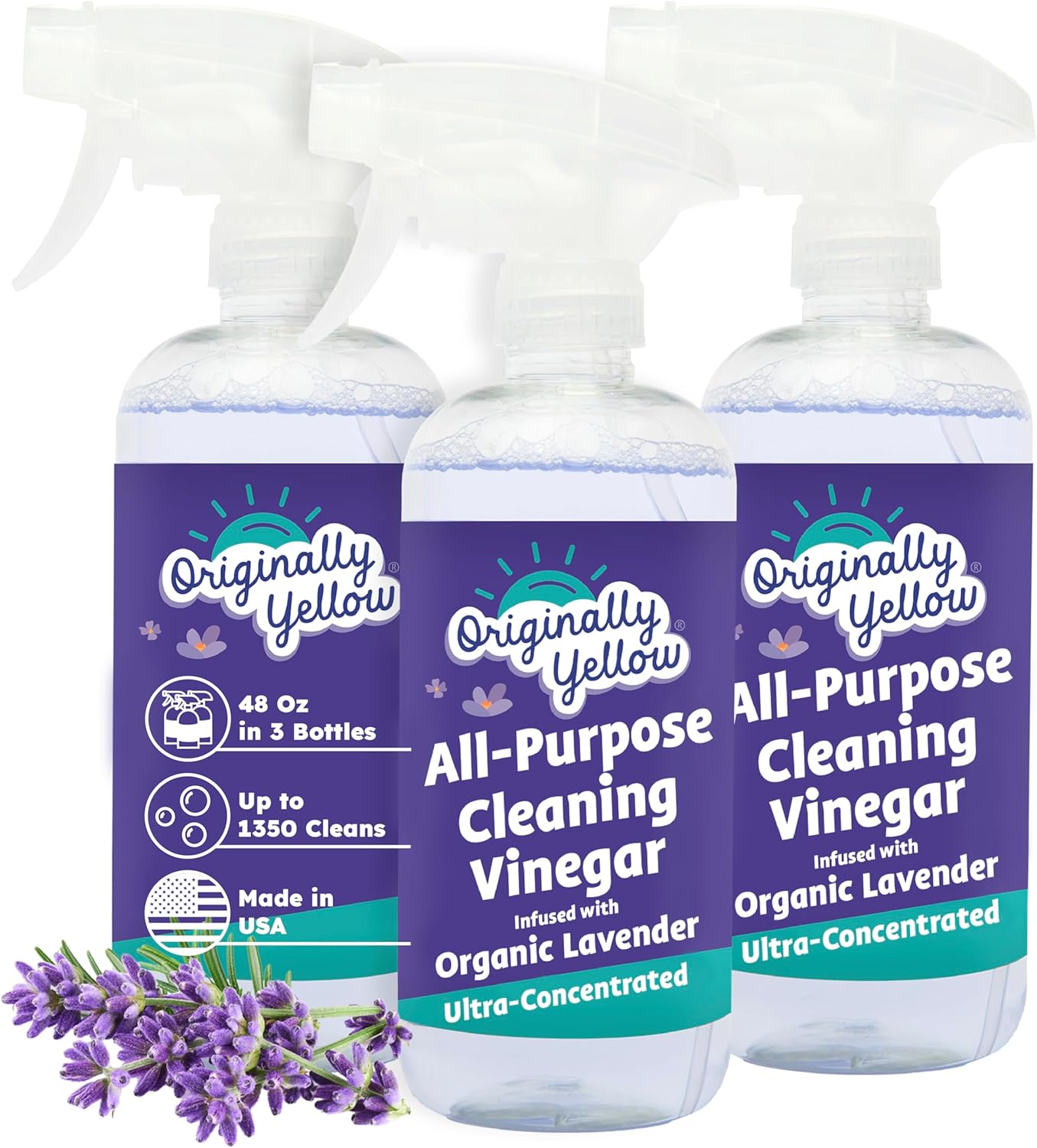 Originally Yellow Lavender Vinegar All Purpose Cleaning Spray | Distilled Cleaning Vinegar For Every Room In the House | Plant-Derived All Purpose Cleaner | Living Room, Bathroom, & Kitchen | 3 Pack