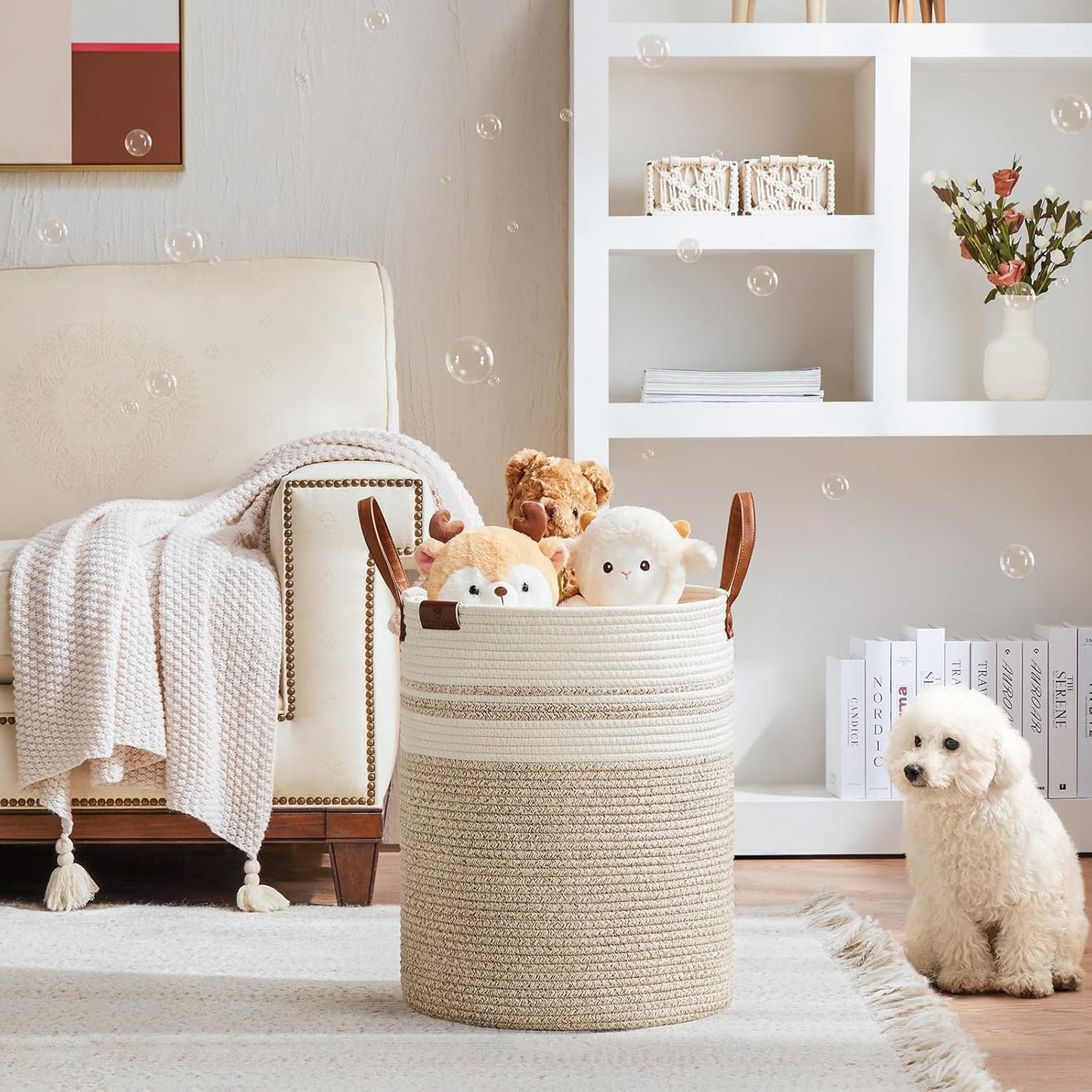 VIPOSCO Tall Laundry Basket, Large Dirty Clothes Hamper with Leather Handle, Woven Rope Storage Basket for Blanket, Toy In Living Room, Bathroom, Bedroom - 53L Brown & White