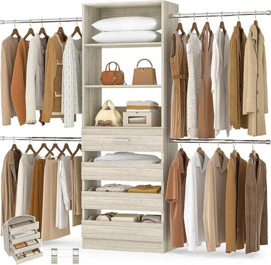 Aheaplus Closet System, 4-9Ft Closet Organizer with 4 Wooden Drawers, Wood Closet Organizer System with Tower, Walk-in Closet Organizer Wardrobe Garment Clothes Rack with 4 Hanging Rods, 2White Oak