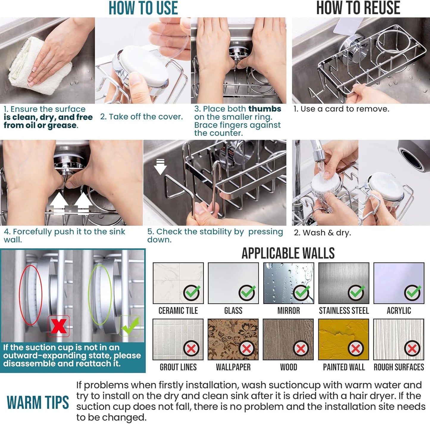 TAILI 4-in-1 Sponge Holder for Kitchen Sink with Strong Suction Cup Removable, Rustproof Aluminum Sink Caddy for Sponge, Brush, Scrubber, Scraper -Silver