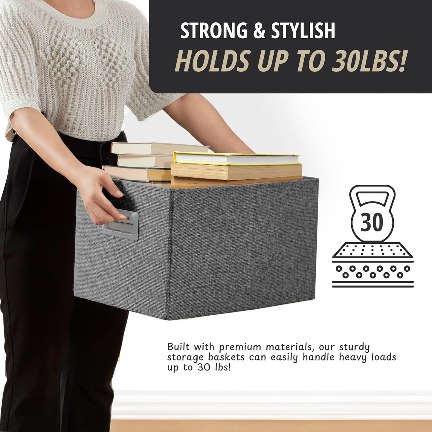 DECOMOMO Storage Bins for Shelves Robust Fabric Closet Bins for Shelves Toy Storage Clothes Books (Pack of 3 – Charcoal)