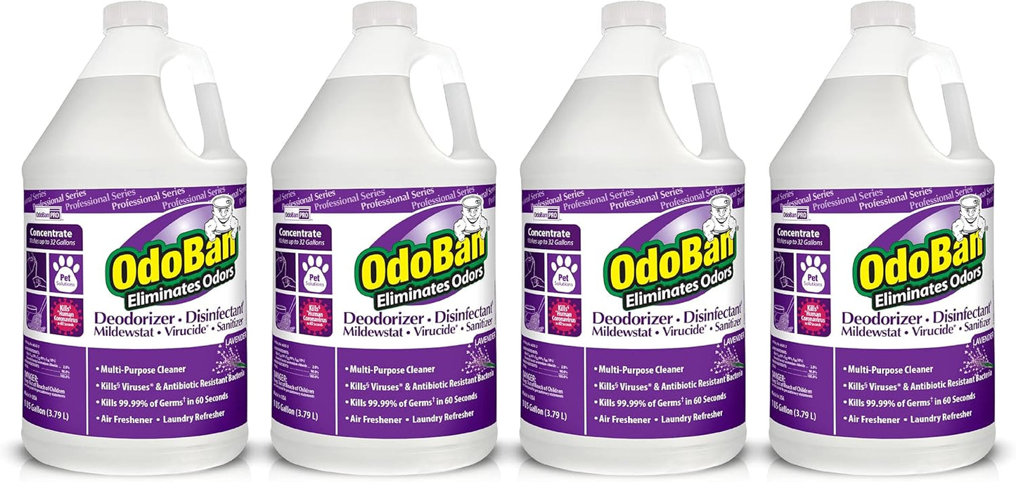OdoBan Professional Disinfectant and Odor Eliminator Concentrate, Made in the USA, Lavender Scent, 4-Pack, 1 Gallon Each