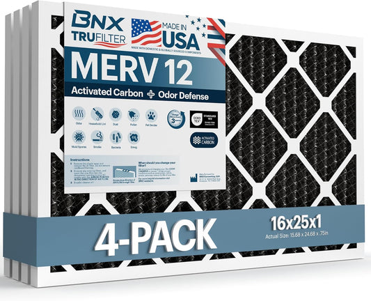 BNX TruFilter 16x25x1 MERV 12 Odor Defense (4-Pack) AC Furnace Air Filter with Activated Carbon - MADE IN USA - Pleated Air Conditioner HVAC AC Furnace Filters - Removes Odor, Mold, Bacteria, Smoke