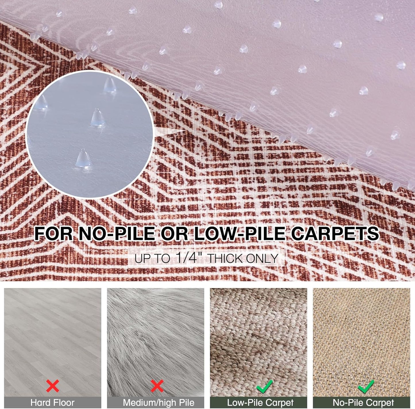 Chair Mat for Carpet, 45" x 53" Easy Glide Desk Chair Mat for Carpeted Floors, Beveled Edge Vinyl Mat with Grips, Heavy Duty Carpet Protector for Home Office, Clear(with Lip)