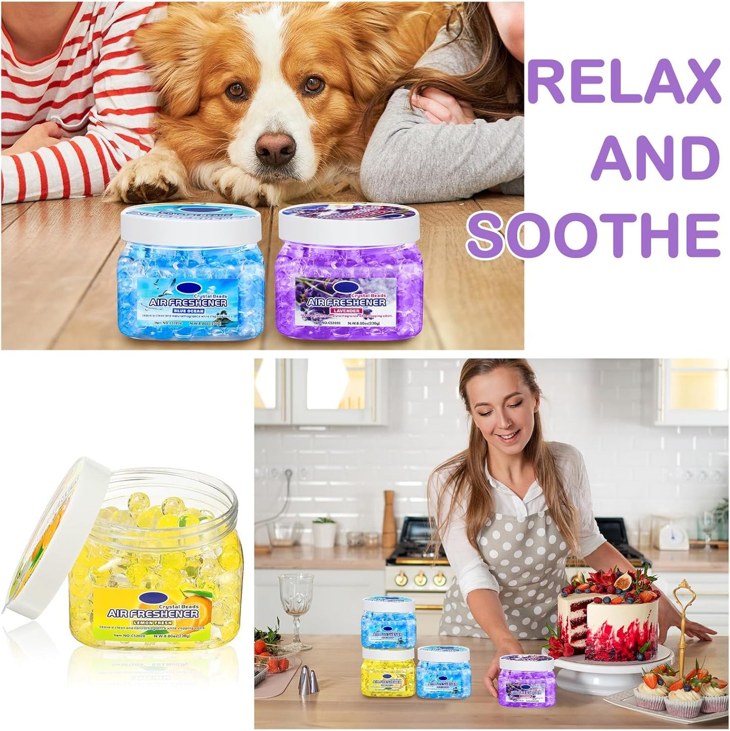 6 Pcs Air Freshener Gel Beads Bulk Odor Eliminator Beads Odor Removing Gel for Home, Bathrooms, Cars, Boats, RVs, Pet Areas, Room, Toilet 8 oz (Blue Ocean, Yellow Lemon, Purple Lavender)