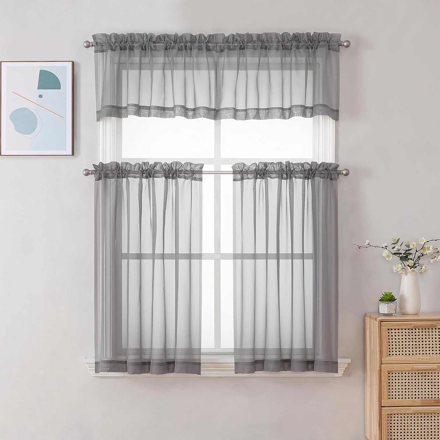 Chyhomenyc Sheer Window Curtains Tier 2 Pieces Set, 36 inch Length, Short Dining Curtains Window Treatment for Small Windows/Bathroom/Cafe/Living Room, Rod Pocket, Charcoal Grey