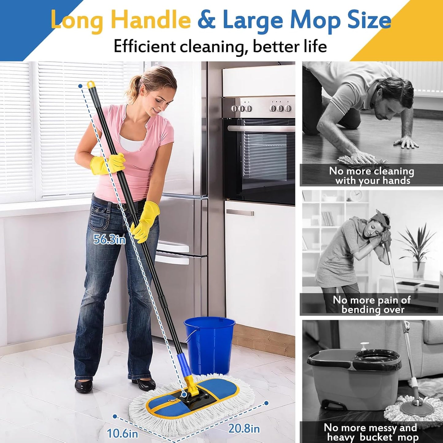 16 Inch Commercial Dust Mop Replacement Heads, 2 Pack Heavy Duty Industrial Cotton Mop Refill Pads Washable for Hardwood Vinyl Laminate Floors Kitchen Warehouse Courtyard Cleaning,Blue