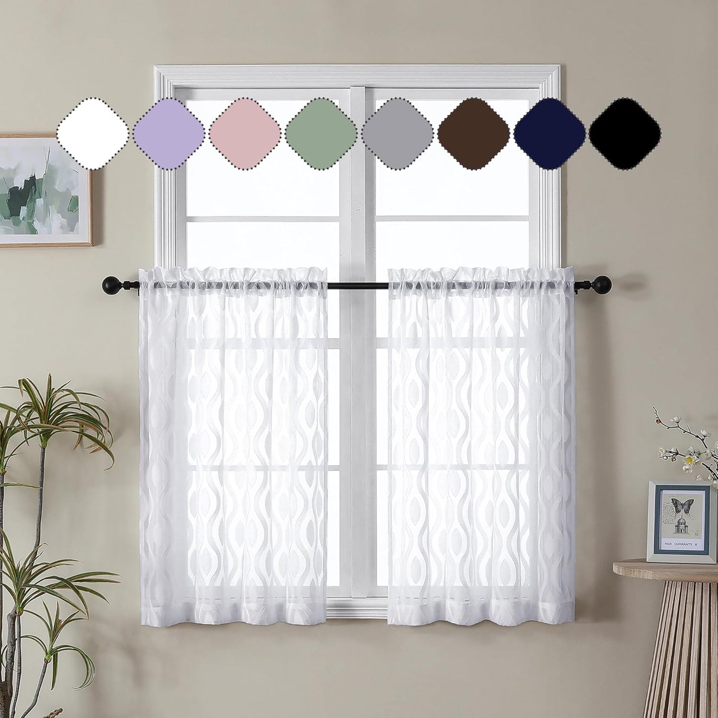 Aiyufeng White Sheer Curtains Tiers 36 Inch Length 2 Panels Set, Airy Lightweight Clip Jacquard Small Window Curtains, Modern Wavy Line Textured Voile Sheer Curtains for Small Windows, 40"Wx36"L Inch