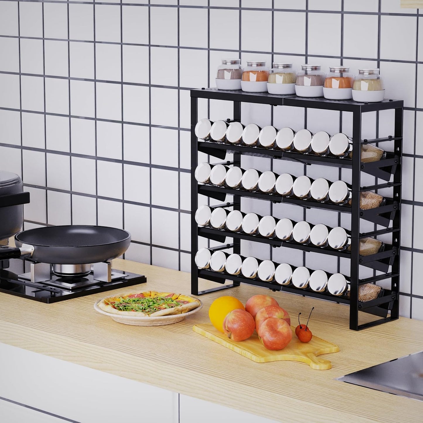 Expandable, Stackable, Adjustable Spice Rack kitchen Organizer,Metal Pantry Storage Shelves - Multi-Tier Shelf for Cabinet, Countertop, Pantries, Cupboard or Wall Mount,Black