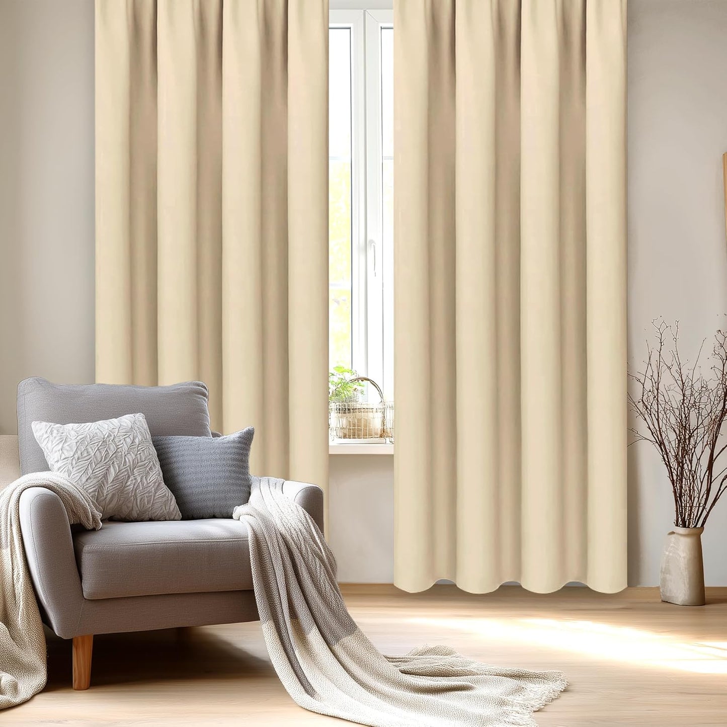 DWCN Blackout Curtains Room Darkening Thermal Insulated Bedroom Curtains Window Curtain Panels, 52 x 84 inches Long, Set of 2 Beige Rod Pocket Drapes