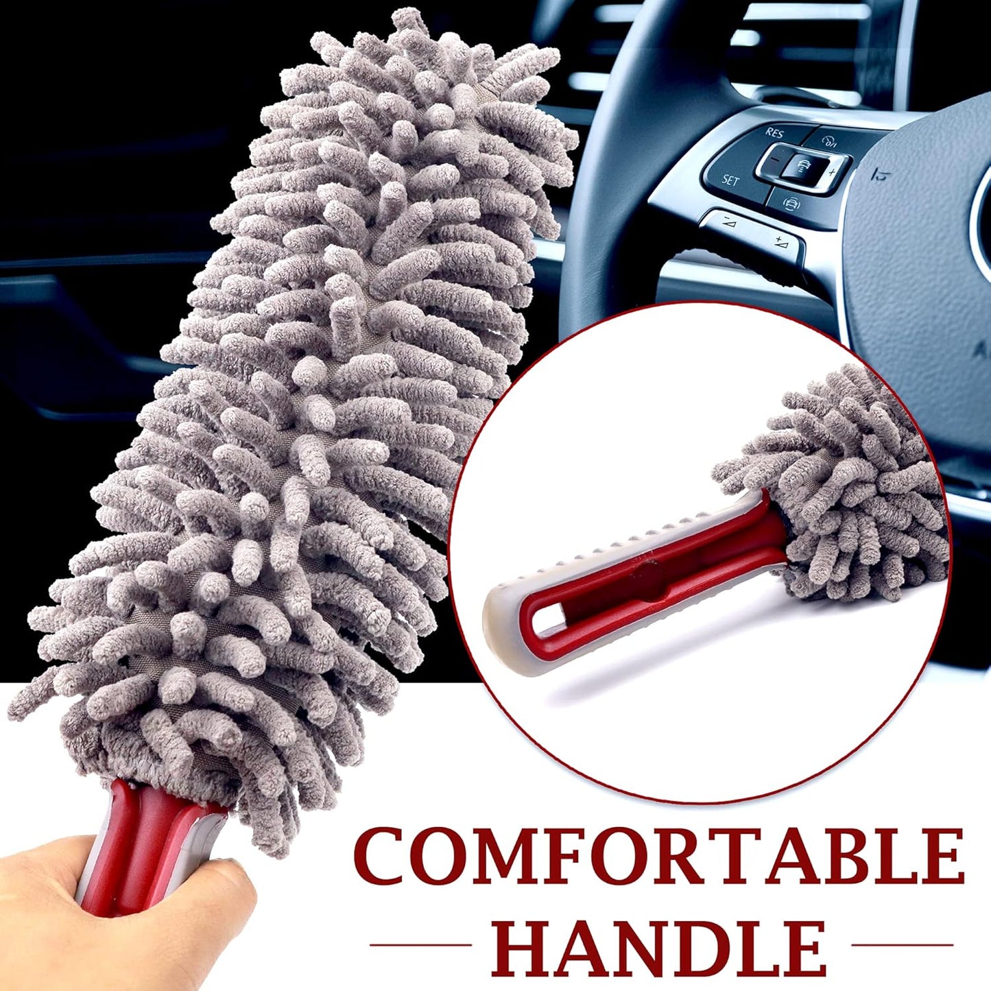 Car Duster Interior by TAKAVU, 360° Microfiber Fingers, Unbreakable Comfort Handle, Lint and Scratch Free, Include Microfiber Towel, for Car & Home Use, The Best Auto Accessories Gray