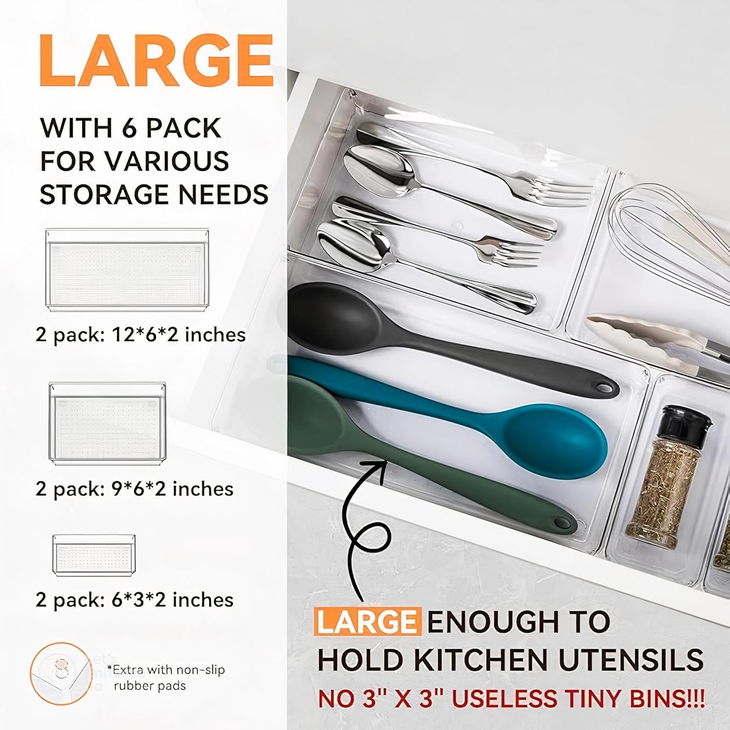 6 Pack Large Clear Plastic Drawer Organizer Trays – Non-Slip Storage Bins for Kitchen Utensils, Makeup, Jewelry, Bathroom, and Office Desk – Multi-Use Plastic Drawer Dividers for Home Organization