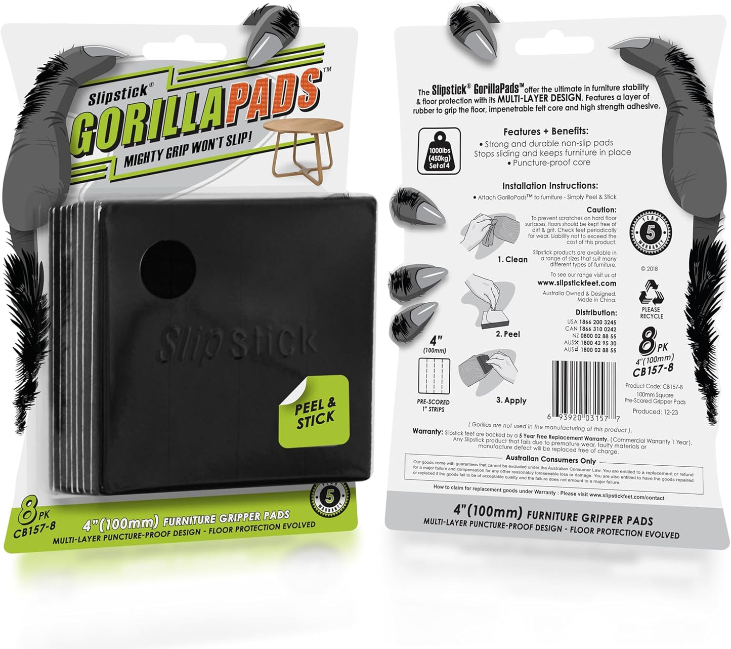 Slipstick GorillaPads Non Slip Furniture Pads/Gripper Feet Floor Protectors (Set of 8) Premium 4 Inch Pre-Scored Self Stick Rubber Stoppers for Furniture Legs