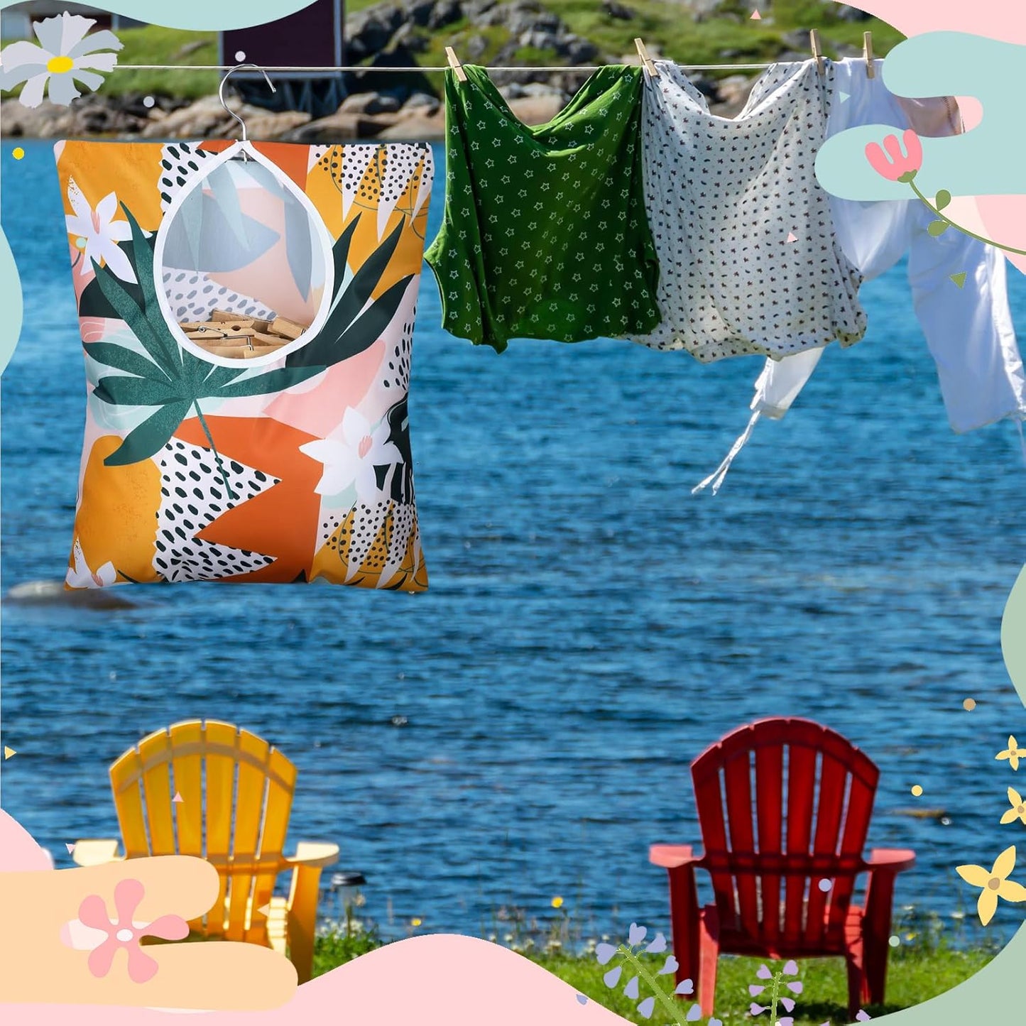 Woanger 2 Pcs Clothes Pin Bag Clothespin Holder 15 x 11 in to Hang on Line Clothes Pin Hanging Bag for Clothesline Outdoor Storage Organizer Basket with Large Opening(Leaves Style)