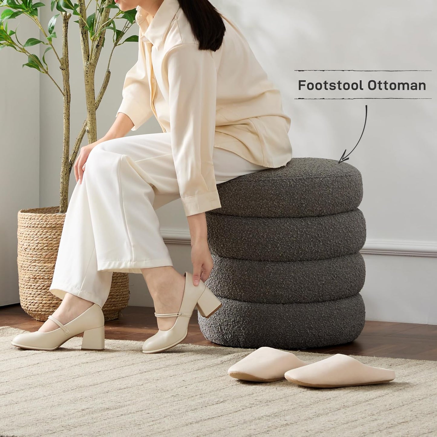 Round Ottoman with Storage Boucle Ottoman Stool Removable Lid for Living Room Modern Upholstered Vanity Storage Stool Foot Rest Bedroom Dorm Gifts Set of 2 (Grey)