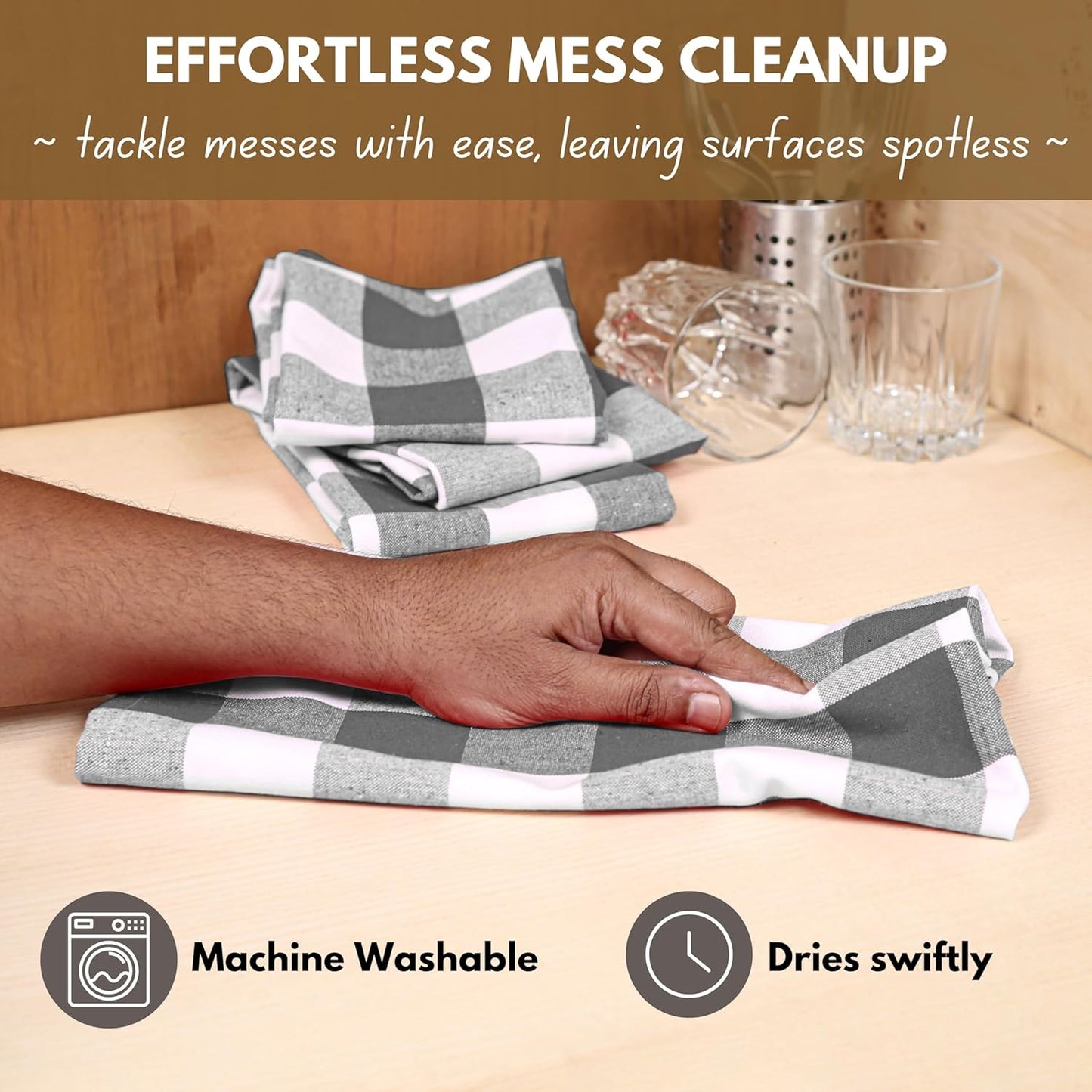 Native Fab 6-Pack Kitchen Towel with Hanging Loop 16x26 inches, Cotton Buffalo Check Kitchen Towels for Cleaning Drying, Washcloths Soft & Absorbent Cloth Rags, Bar Towel, Dish Cloth, Grey