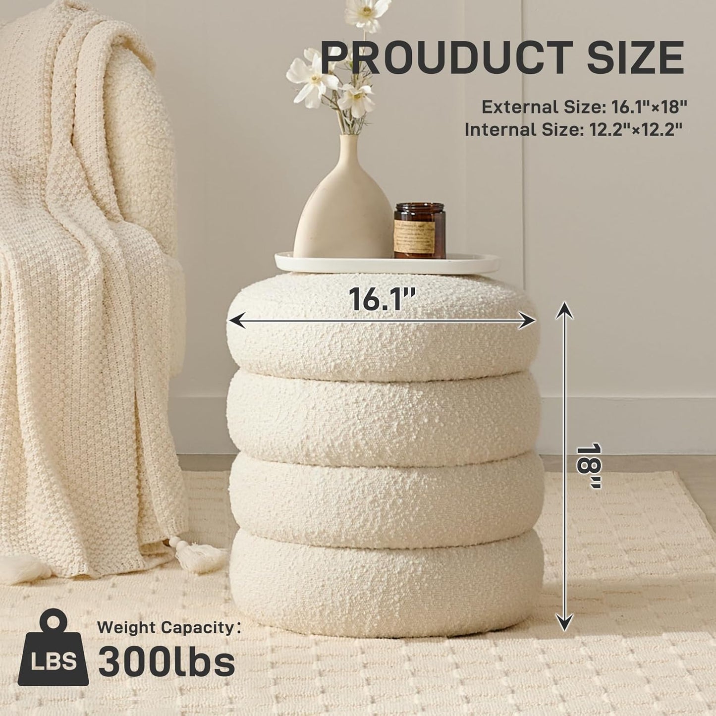 Round Ottoman with Storage Boucle Ottoman Stool with Storage Removable Lid for Living Room Modern Vanity Sorage Stool Foot Rest Bedroom Dorm Gifts Set of 2 (White)