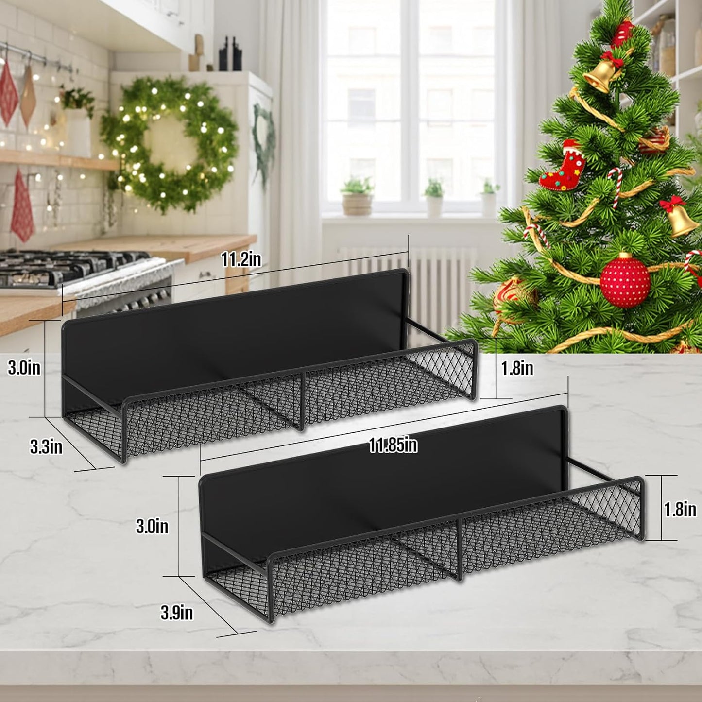 2 Pack Magnetic Spice Rack for Refrigerator, Black Magnetic Shelf with 4 Removable Hooks, Rustproof Magnetic Shelf for Fridge, Oven, Condiments, Oils, Seasoning Spice Organizer