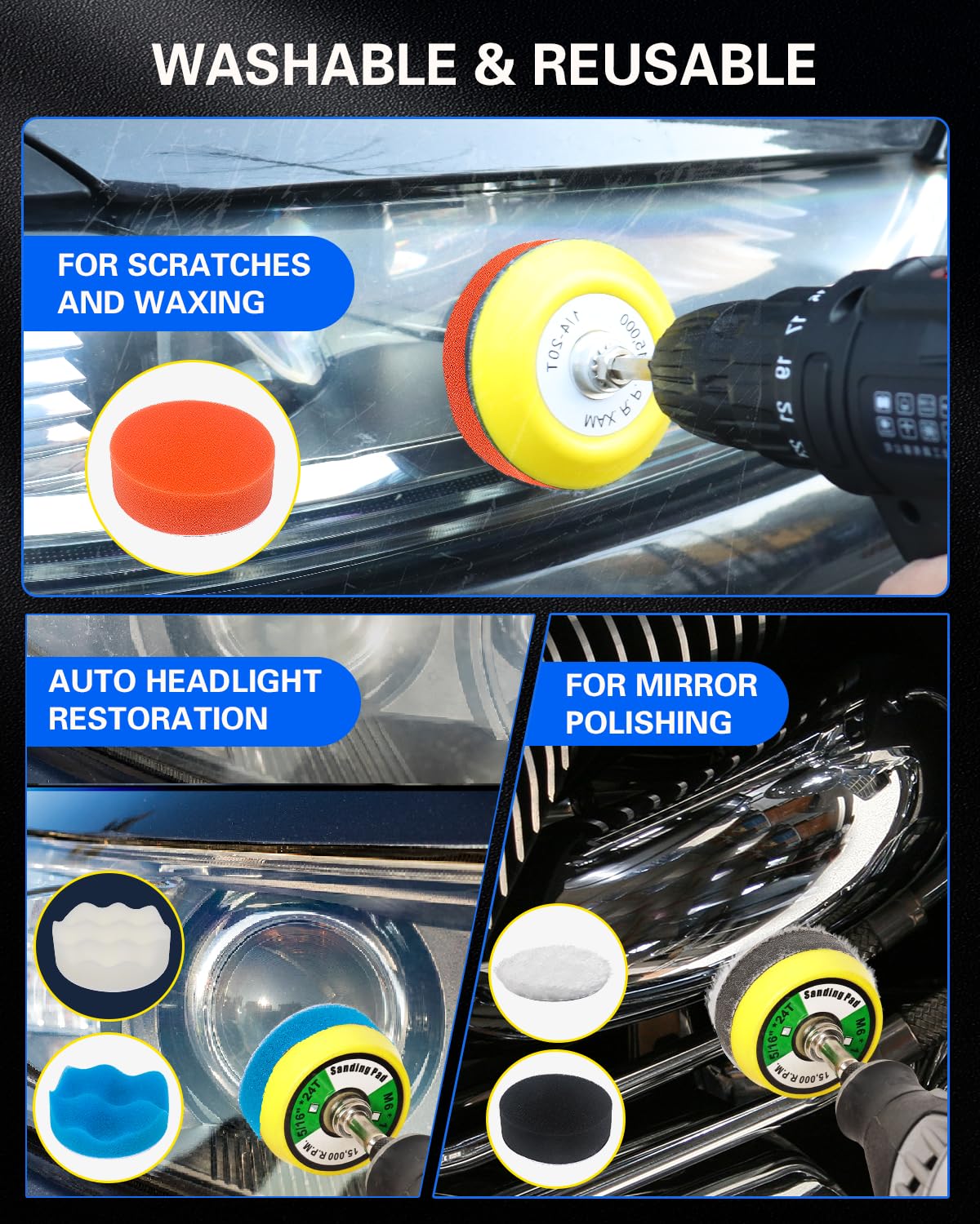 2 Inch Sanding Discs Drill Polishing Kit, 193PCS Car Headlight Restoration Kit, Hook & Loop Wet Dry Buffing Pads for Rotary Tools, Dremel Sanding Bits Attachment for Aluminum Resin Metal Glass