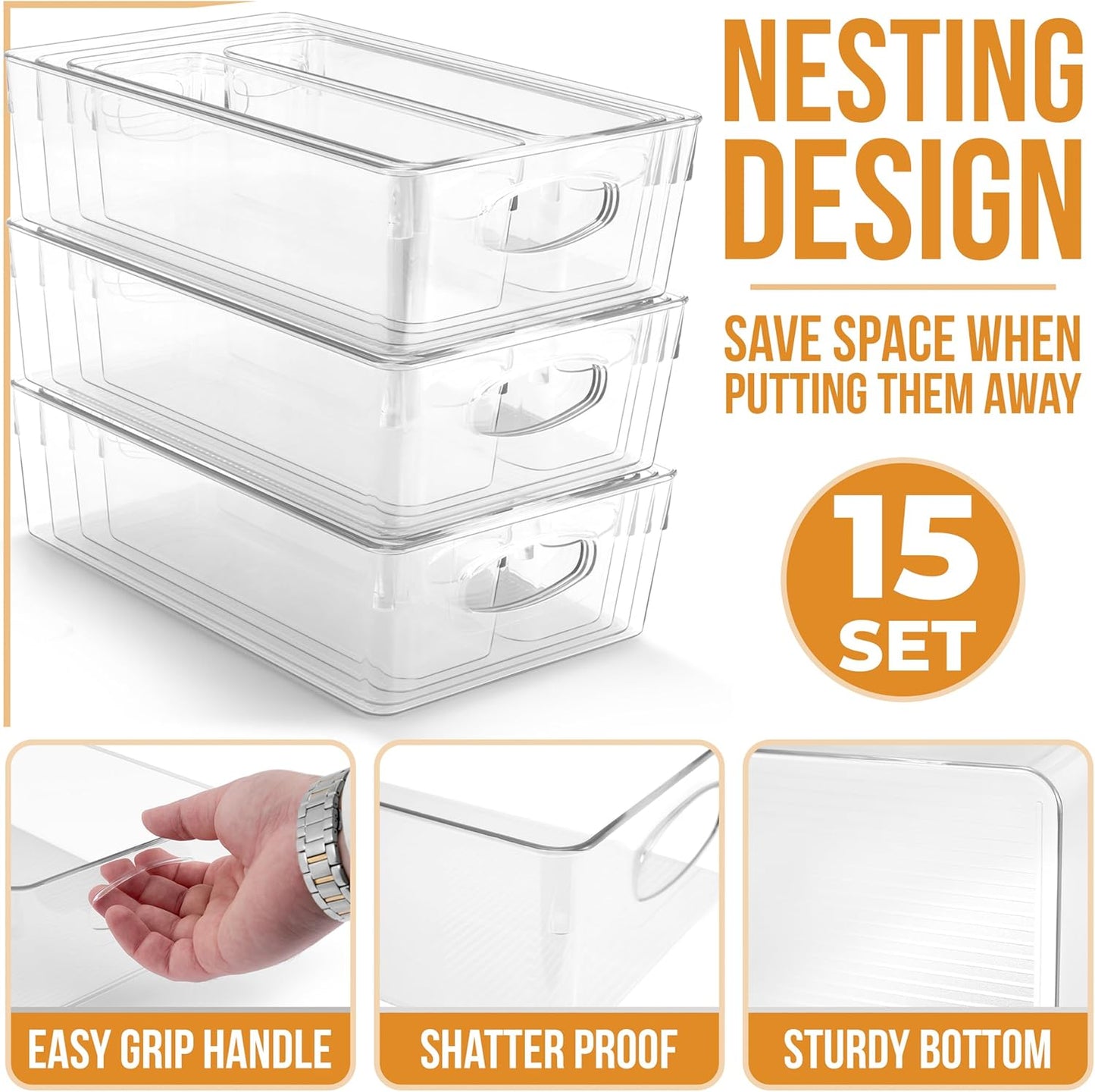 Sorbus Clear Plastic Storage Bins for Organizing, 15 Pack Clear Organizer Bins with Handles, Plastic Storage Bins for Closet, Pantry, Fridge, Medicine Cabinet Organizer, Shelves, Freezer, Drawer