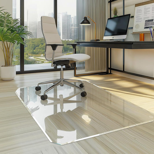 VSARHouse Beveled Edge Tempered Glass Office Chair Mat, 55"x46" Heavy Duty Glass Floor Mat for Carpet or Hard Floors, with Non-Slip Pads, Easy to Slide, Thick 1/5", Octagon, Patent No.30004842