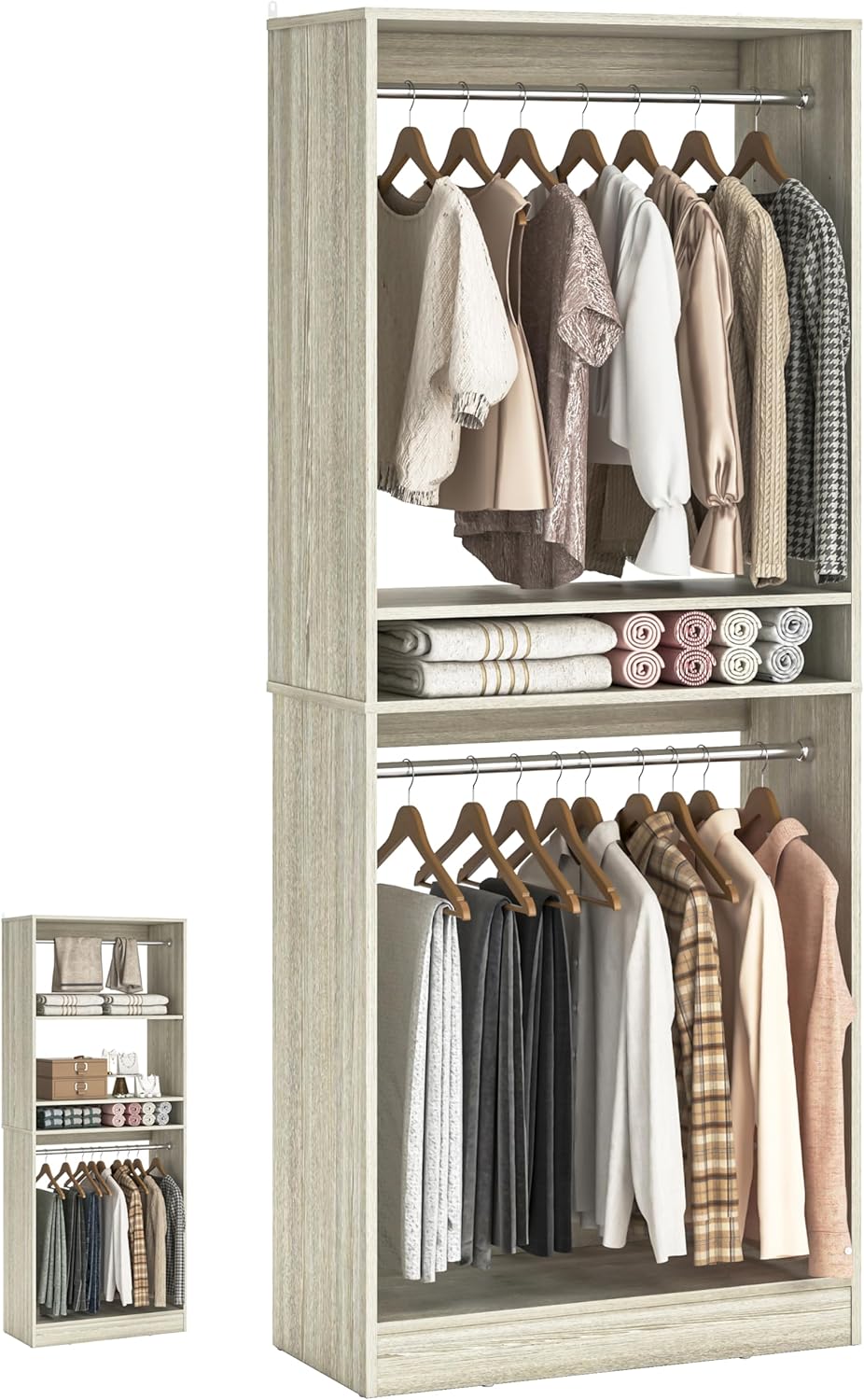 Unikito 25” Closet System, Freestanding Closets Organizer Wardrobe with Hanging Rods and Shelves, Adjustable Clothes Garment Racks, Sturdy Walk in Closet Tower, 25"W x 16"D x 80"H, White Oak