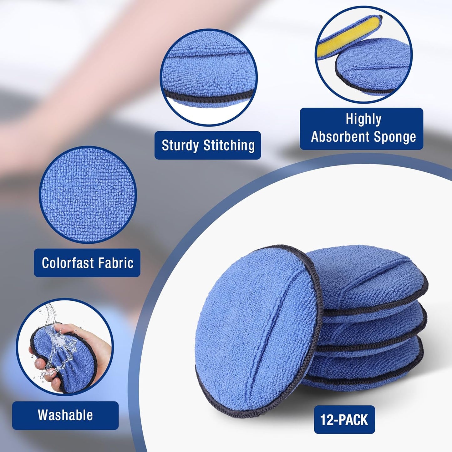 WORKPRO 12-Pack Car Wax Applicator Pads with Finger Pocket, Microfiber Soft Foam Polishing Pads for Car Detailing & Cleaning, Lint-Free, High Resilience