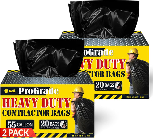 Reli. Contractor Garbage Bags 55 Gallon | 40 Trash Bags | Heavy Duty | Black Contractor