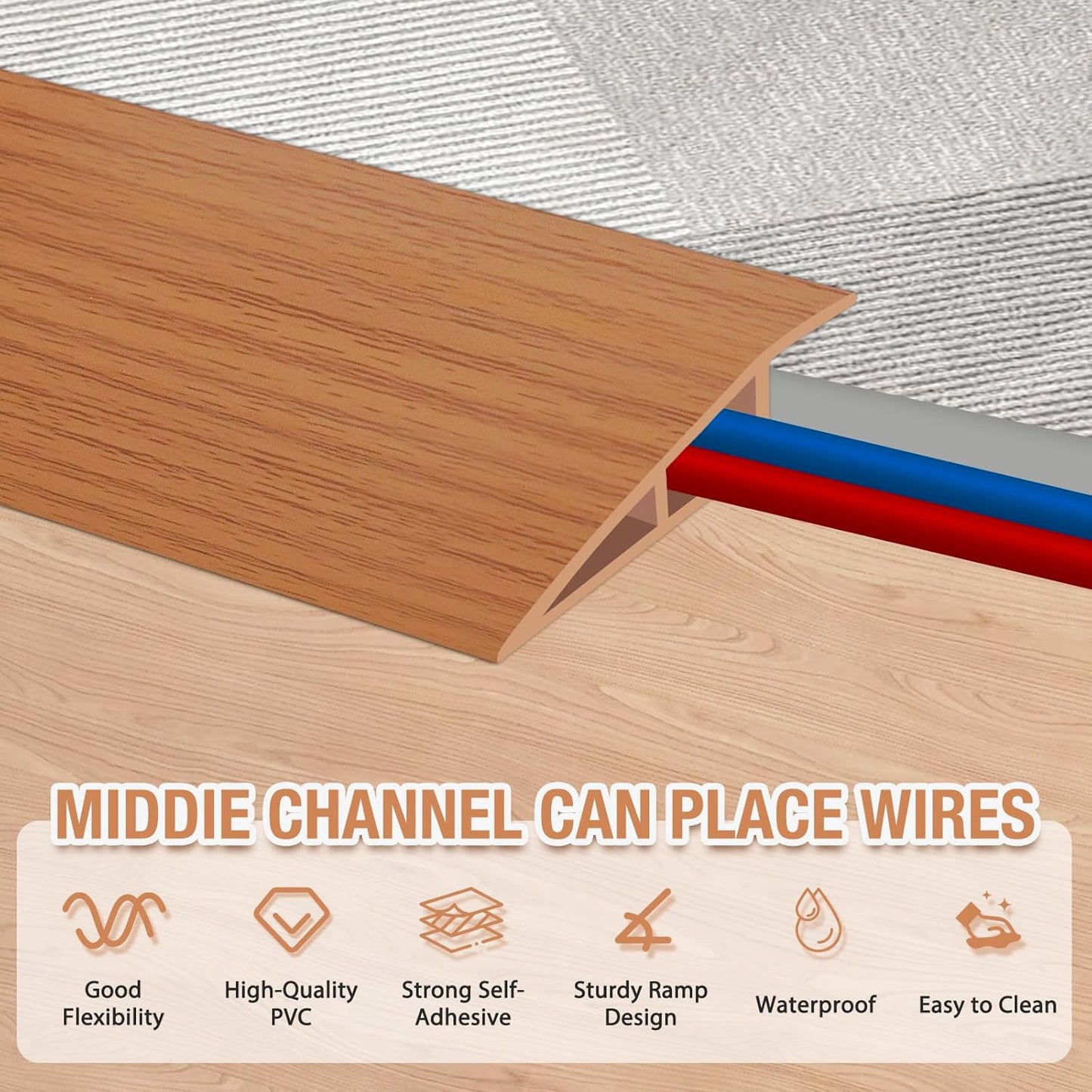 Floor Transition Strip Self Adhesive Vinyl Door Threshold for Doorways Carpet Edging Trim Overlap Edge Reducer for Laminate Floor, Carpet, Tile (Yellow Oak Grain, 3/5" to 4/5", 6.6Ft)