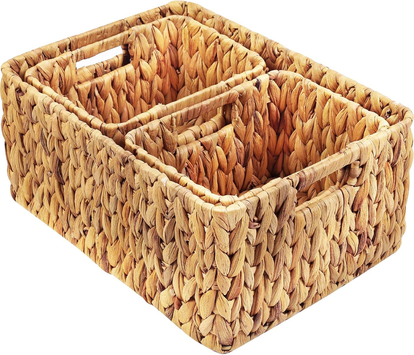 HOONEX Water Hyacinth Storage Baskets, Wicker Baskets for Storage, Hand Woven Baskets with Carry Handles, Set of 3, Natural