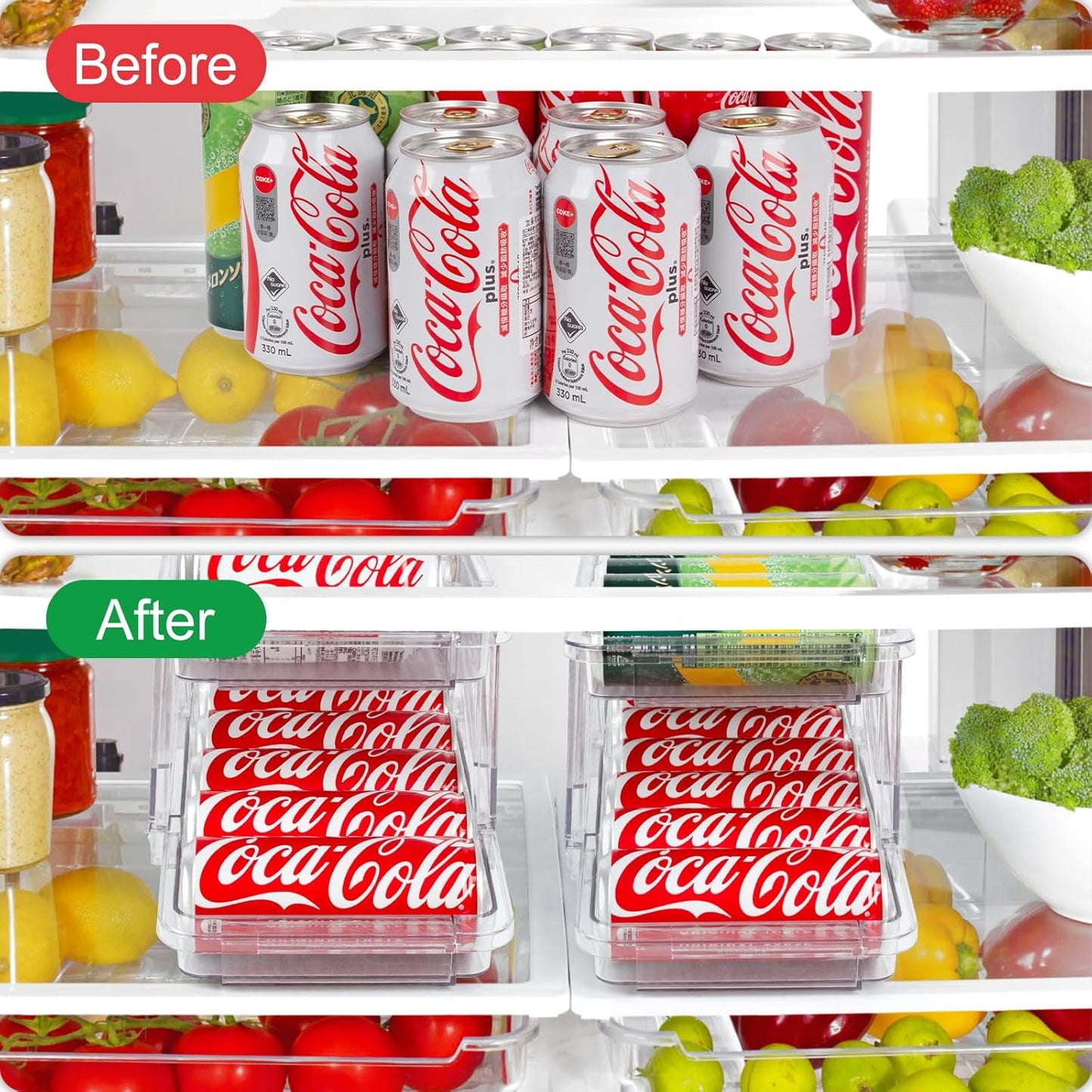 2 Pack Drink Organizer for Refrigerator, Soda Can Dispenser, Adjustable Width Canned Food Pop Cans Container Beverage Holder for Fridge Organizing, Clear Plastic Storage Bins