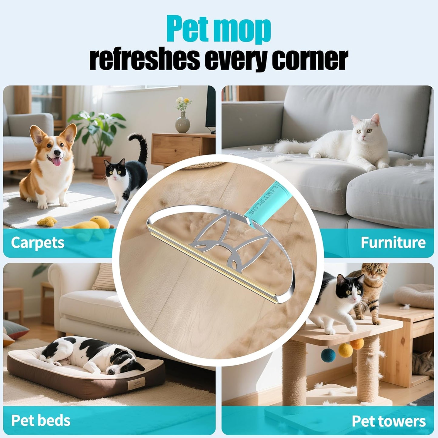 ULTRA+MAX+Pro LINTPLUS Pet Hair Remover Kit - 3-Size Carpet Rakes (S/M/L) w/Stainless Steel Handles - For Rugs, Carpets, Floors & Furniture - Stand-Up Design