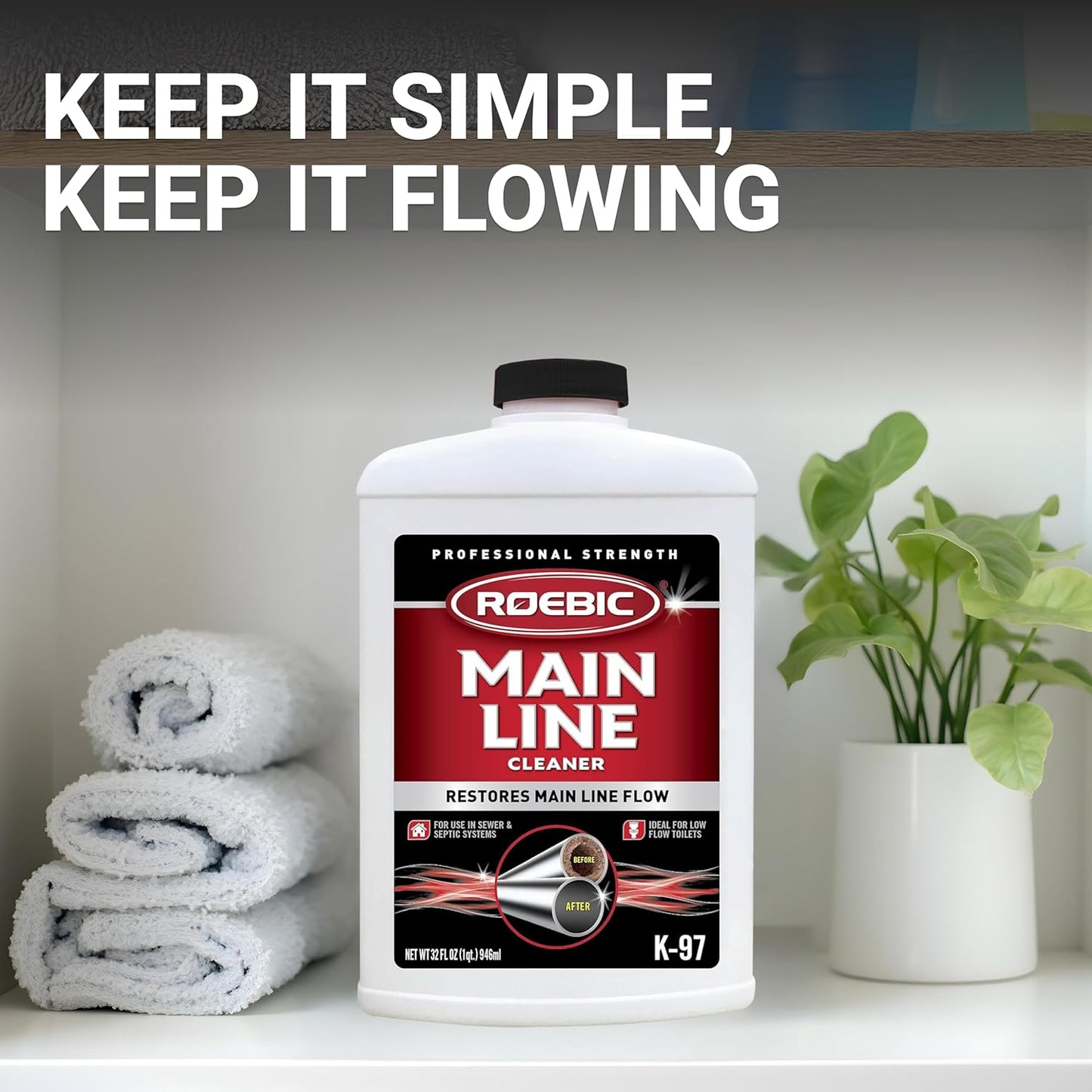 Roebic K-97 Liquid Main Line Cleaner with Bacteria Enzymes, Eliminates Organic Buildup in Sewer/Septic System and Protects from Clogs, Safe for Bathroom Toilet, 32 fl oz
