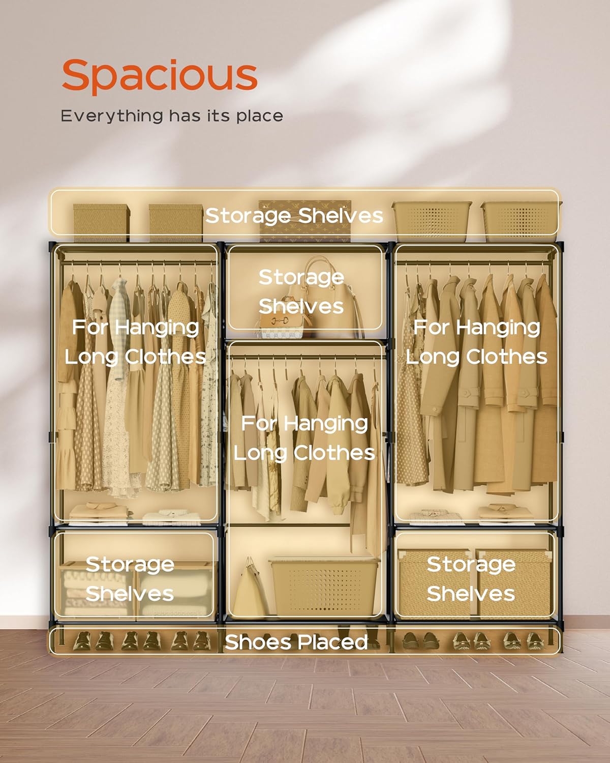 Clothes Rack, Portable Closet, 81.1 Inch Large Capacity Wardrobe Closet, Clothes Storage Organizer with Shelves and 3 Hanging Rods, Easy to Assembly, Black PCT033B01