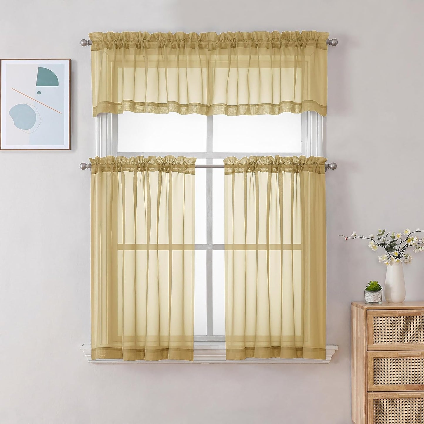 Chyhomenyc Gold Sheer Curtains 36 inch Length 2 Panels Set, Light Filtering Voile Rod Pocket Short Window Curtians for Bathroom Living Room Farmhouse Small Windows, Each 42Wx36L in, 2PCS, Gold