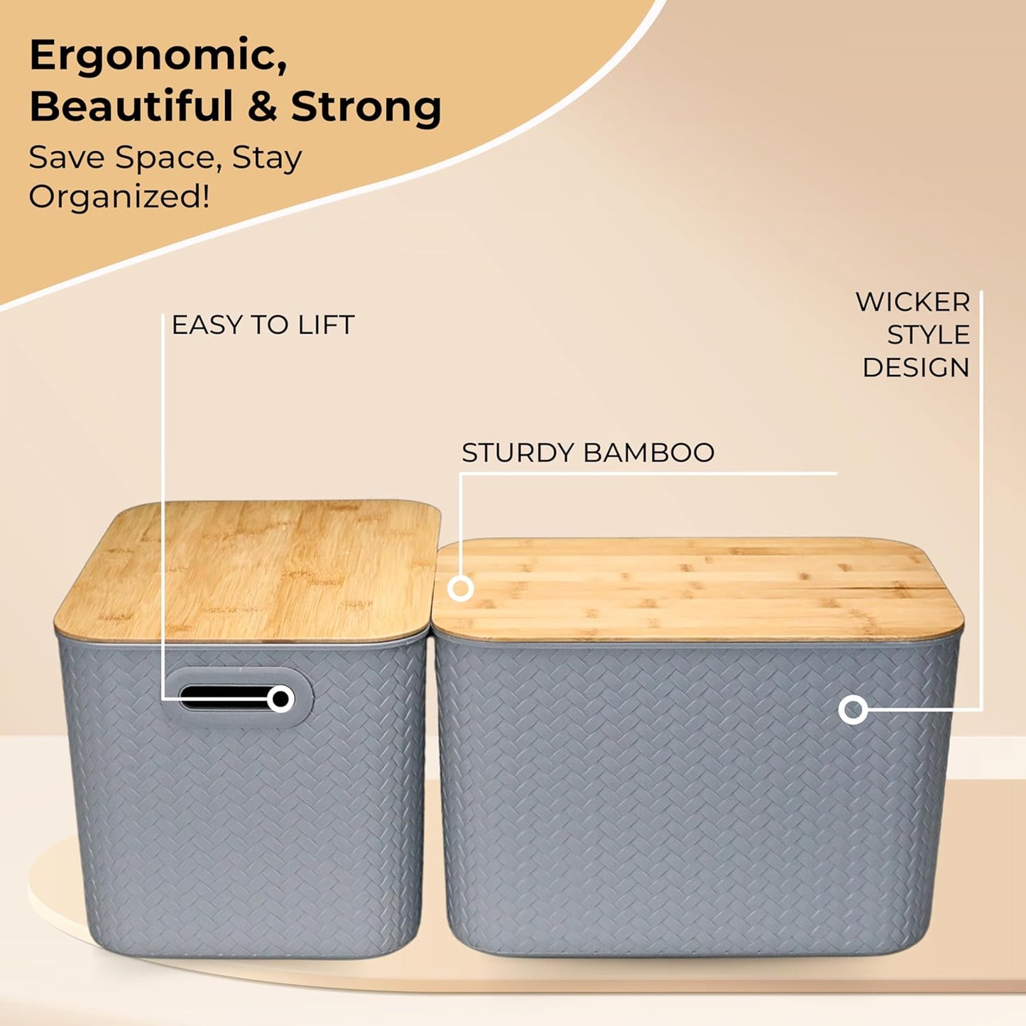 Storage Bins with Bamboo Lid – Stackable, Multi-Purpose Organizers for Pantry, Closet, Kitchen, and Home – Elegant Wicker-Style Design with Ergonomic Handles (Grey)