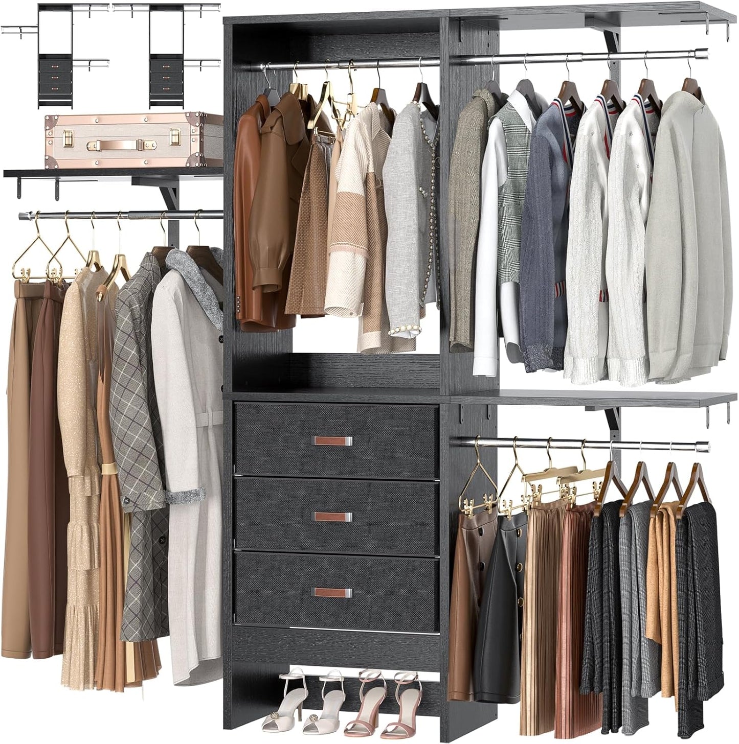 Armocity 5FT Small Closet System with 3 Fabric Drawers, 60 Inches Walk In Closet Organizer System With 3 Adjustable Shelves, Heavy Duty Clothes Rack Built-In Garment Rack, 59" L x 16" W x 71" H, Black