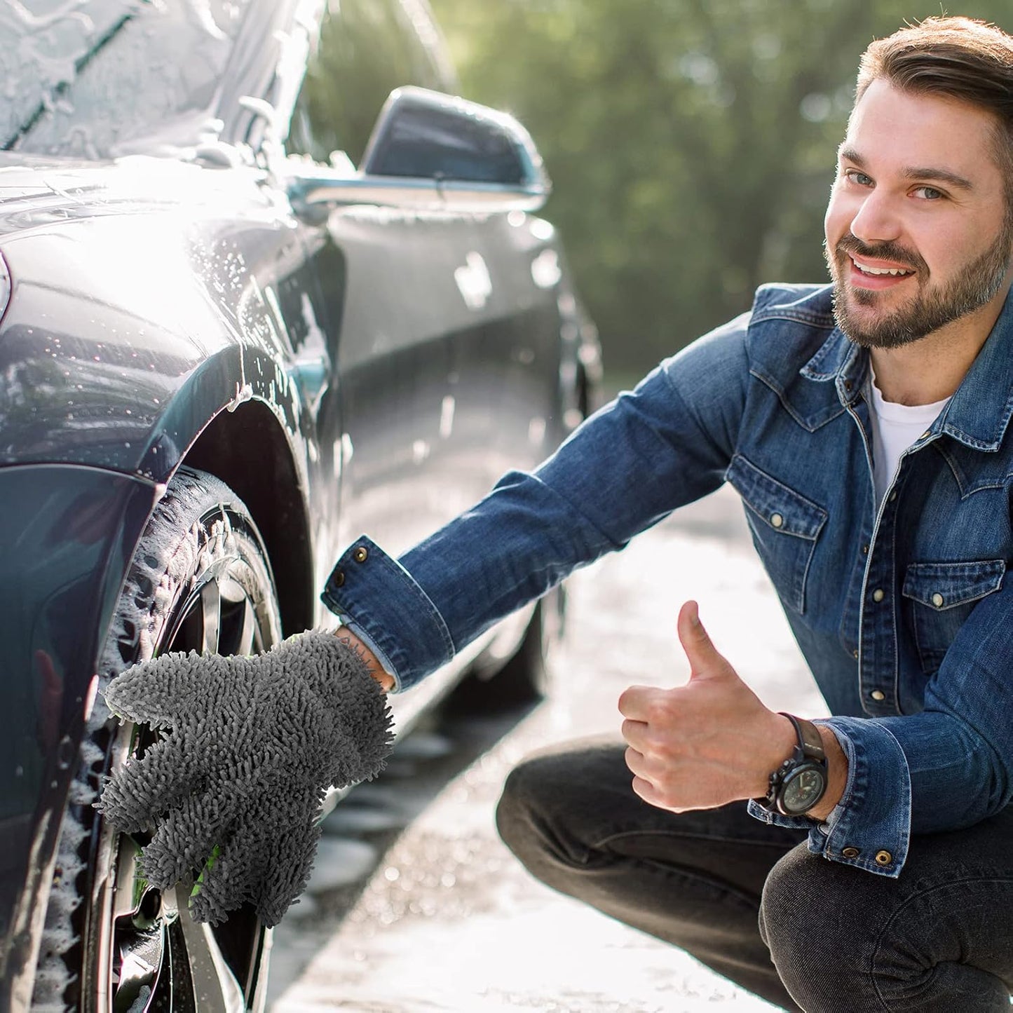 Ferraycle 2 Packs Car Wash Mitt 5 Finger Microfiber Wash Mitts Auto Car Dusting Gloves Double Sided Cleaning Gloves for Kitchen Home(Blue and Gray)