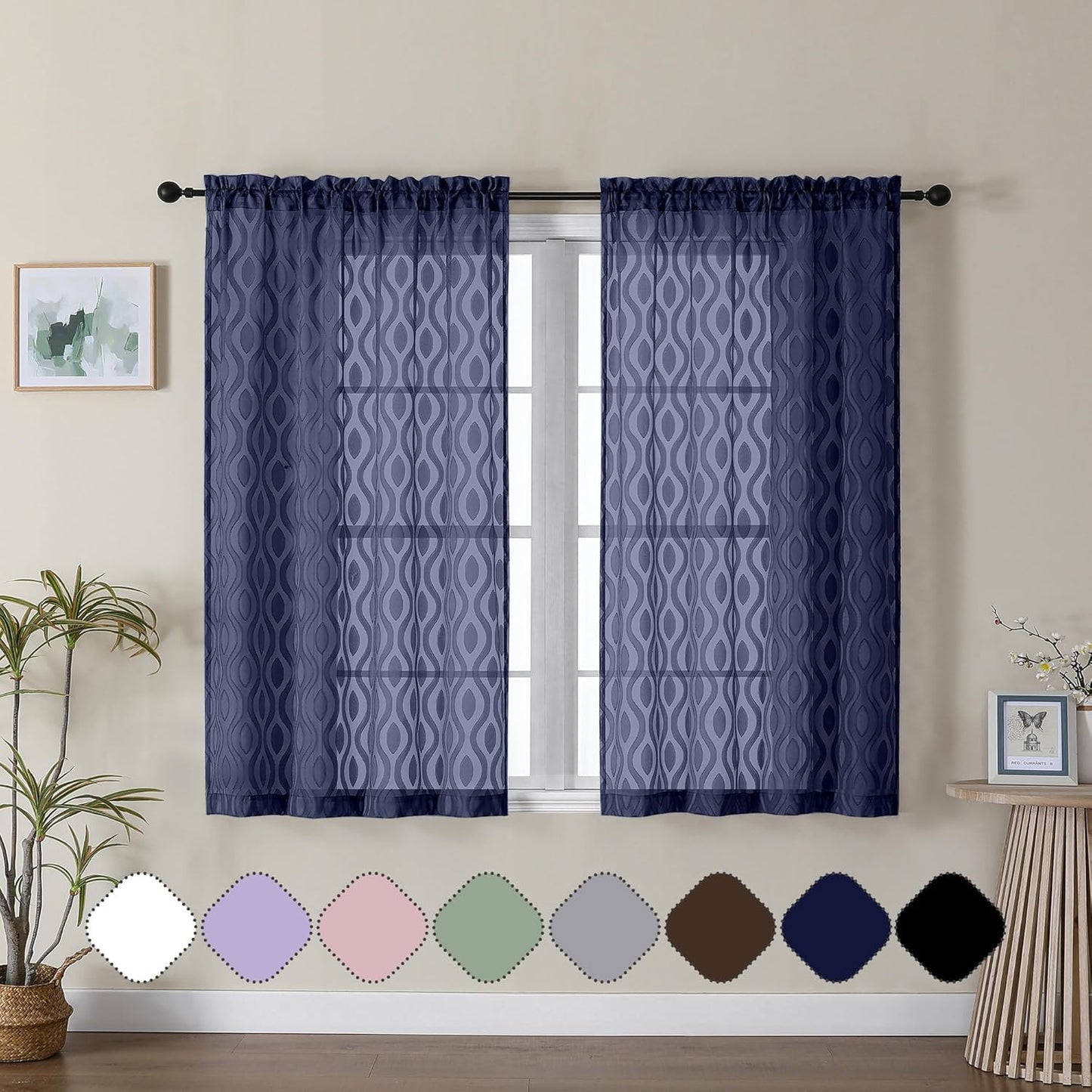 Aiyufeng Navy Curtains 45 Inch Length 2 Panels Set, Farmhouse Soft Airy Lightweight Clip Jacquard Textured Curtains, Chic Wavy Line Window Curtains for Bedroom Living Room, 40" Wx45 L Inches
