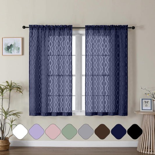 Aiyufeng Navy Curtains 45 Inch Length 2 Panels Set, Farmhouse Soft Airy Lightweight Clip Jacquard Textured Curtains, Chic Wavy Line Window Curtains for Bedroom Living Room, 40" Wx45 L Inches