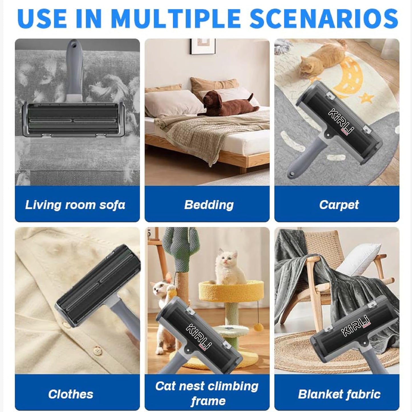 KIRLI Roller Pet Hair Remover and Reusable Lint Roller – Furniture, Couch, Carpet, Clothing and Bedding Cat and Dog Hair Remover – Portable Multi-Surface Fur Removal Tool (Gray)