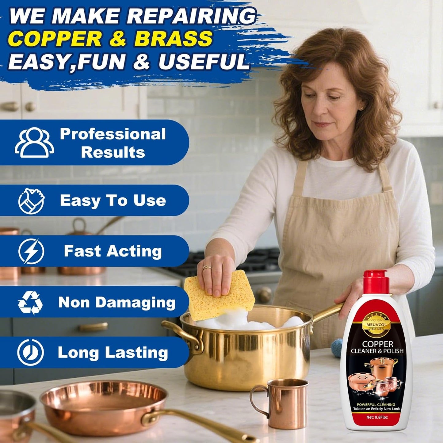 Copper & Brass Cleaner and Polish – 17.6 Oz Gentle Copper Polishing Cream for Pots, Pans, Sinks, Cups, Antiques – Restores Shine, Gentle Removes Tarnish & Stains – Non-Scratch, Easy to Use