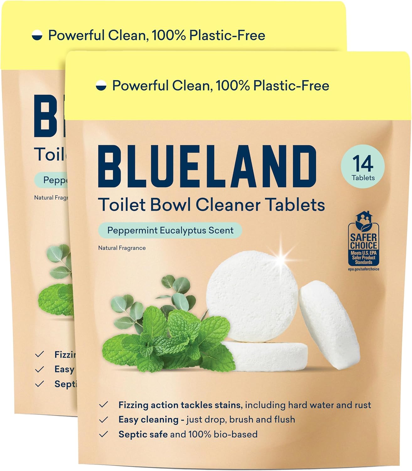 BLUELAND Toilet Bowl Cleaner Tablets, 2-Pack, 28 Count, Peppermint Eucalyptus, Plastic-Free, No Harsh Chemicals, Plant-Based